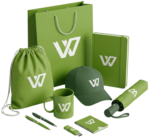 A collection of custom green promotional gifts